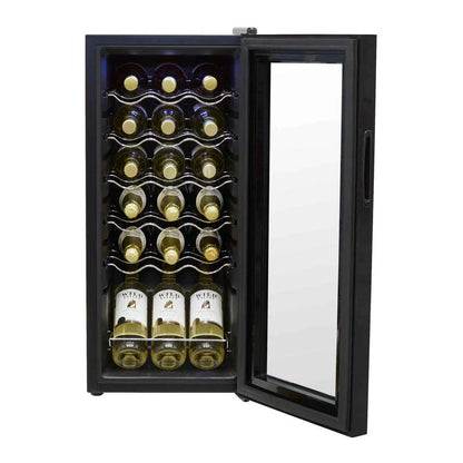 Black Baridi 18-bottle wine cooler with touch controls, LED light, and tempered glass door.
