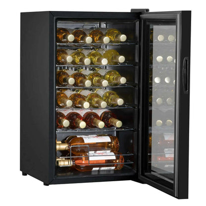 Black Baridi wine cooler with digital touch screen, mirrored door, and LED lighting, holds 24 bottles.
