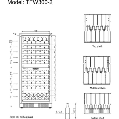 Dual-zone wine cooler with glass door, wooden shelves, LED lighting, and space for 119 bottles.