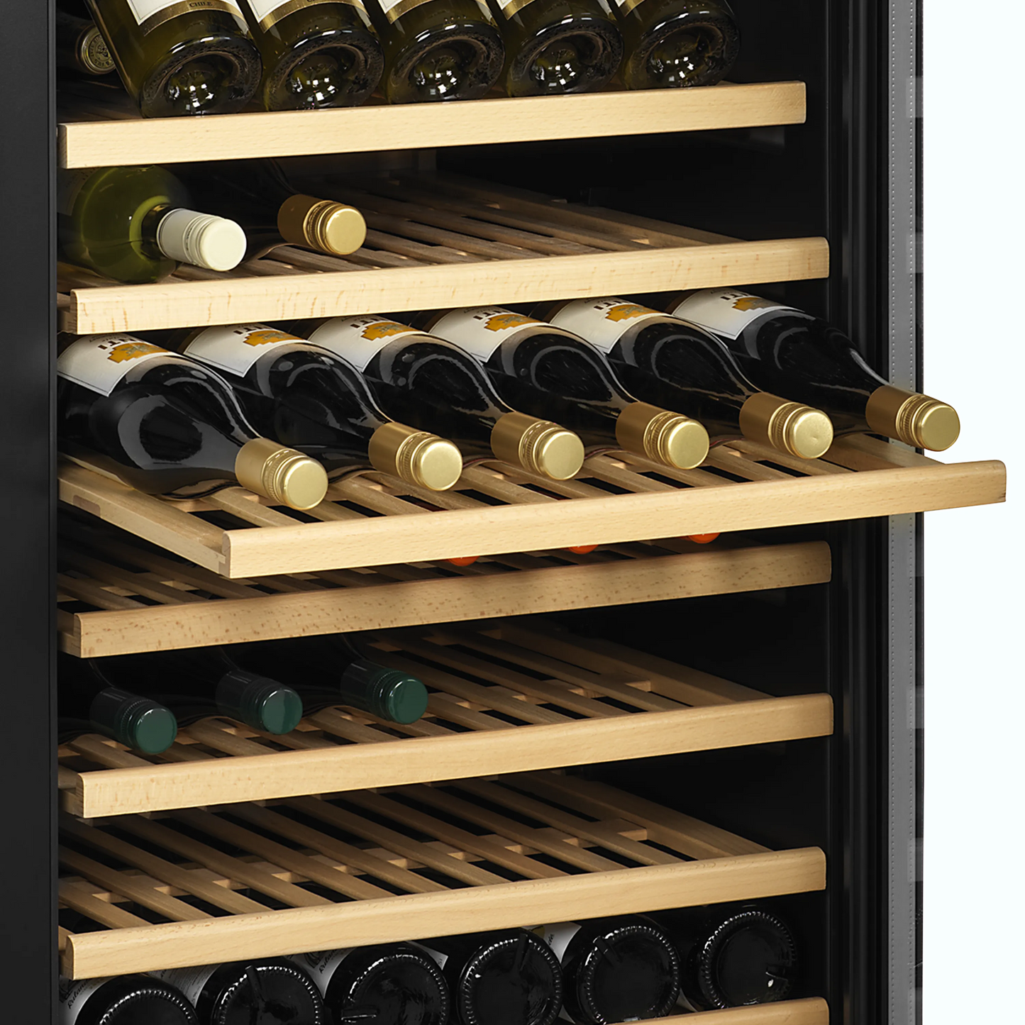 Tefcold dual-zone wine cabinet with glass door, black finish, holds 163 bottles, LED lit.