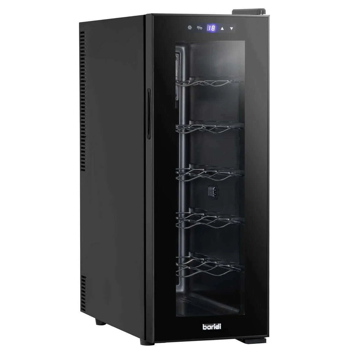 Black Baridi wine fridge with mirrored glass door, touch controls, and space for 12 bottles.