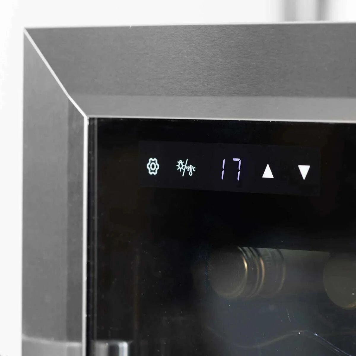 Sleek Baridi 12 Bottle Wine Cooler with digital controls, LED light, and mirror glass door.