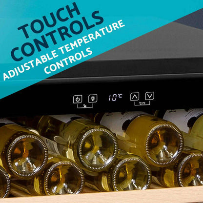 Sleek Baridi wine cooler with digital touch controls, stores 54 bottles; modern kitchen decor.