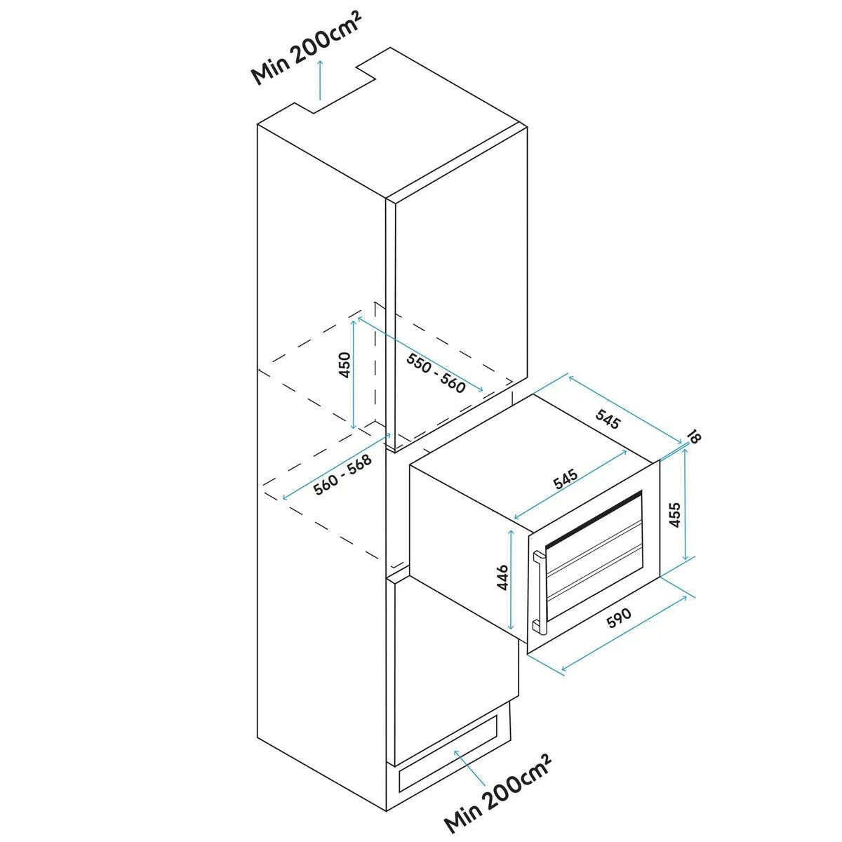 Sleek black 60cm wine cooler with beech wood shelves, fits 28 bottles, LED lit interior.