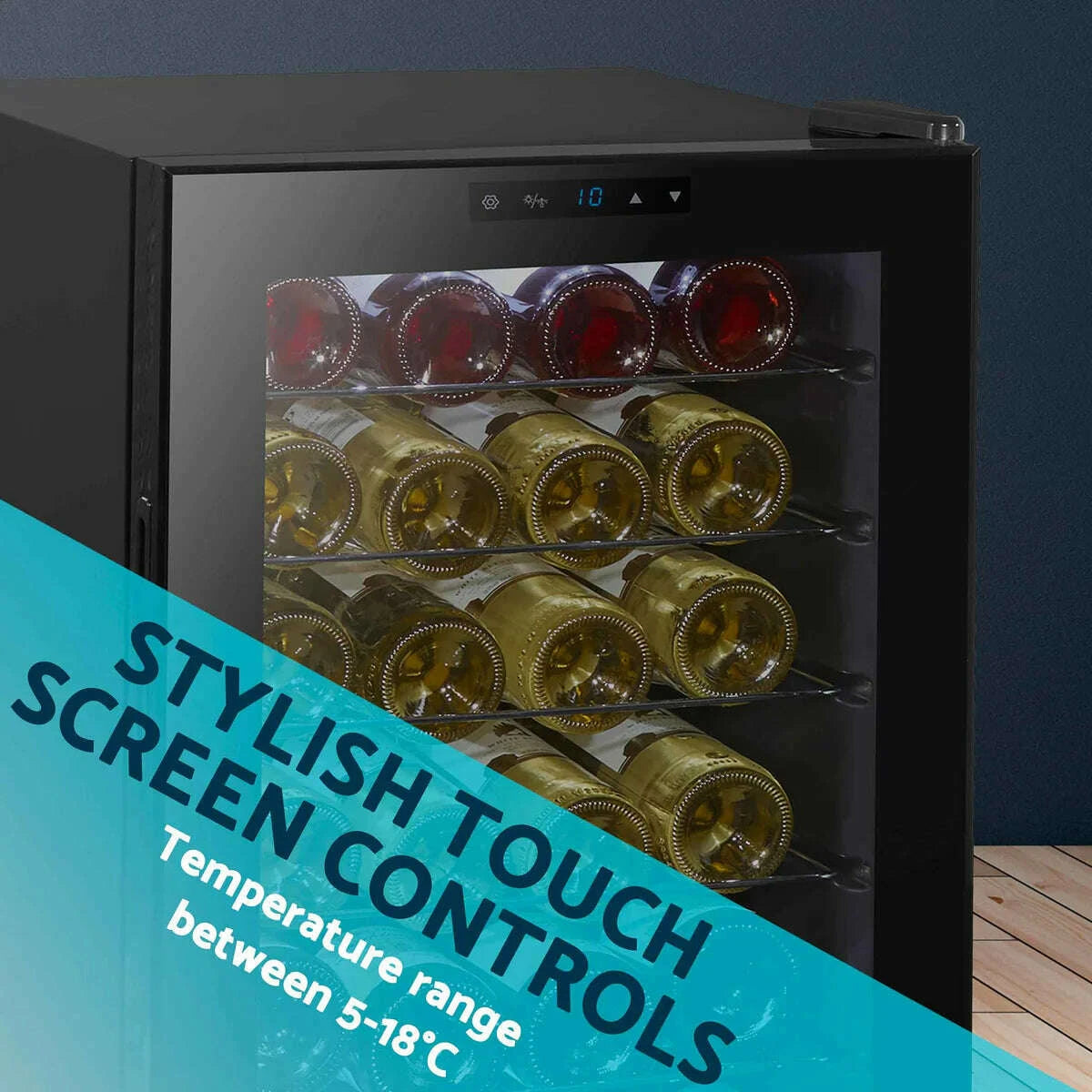 Black Baridi 28-bottle wine cooler with digital touch controls and LED light, sleek glass door.