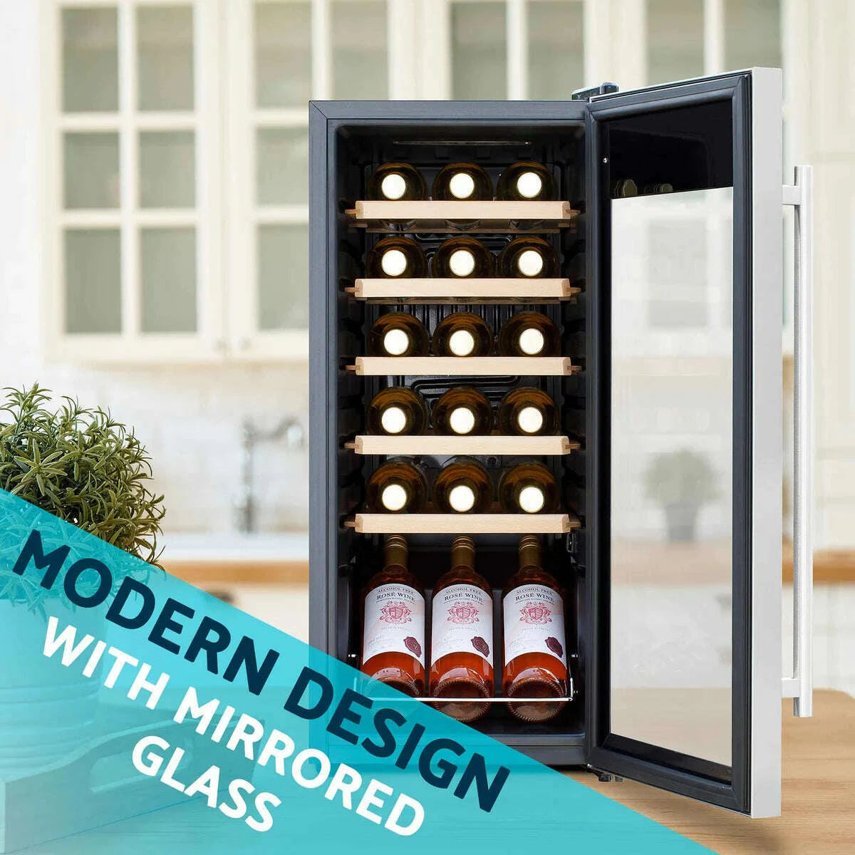 Stainless steel wine cooler with touch controls, LED light, and glass door for 18 bottles.