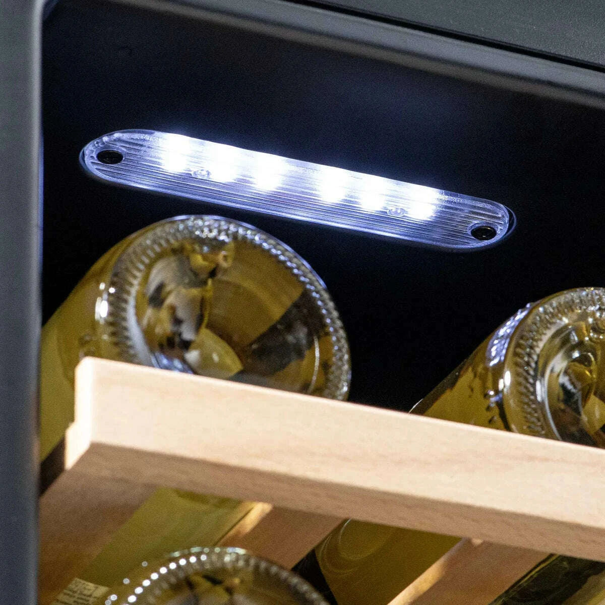 Sleek Baridi 20-bottle wine cooler with digital controls, beech shelves, and LED lighting.