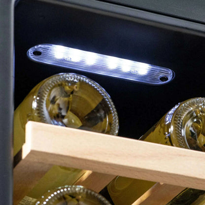 Sleek Baridi 20-bottle wine cooler with digital controls, beech shelves, and LED lighting.