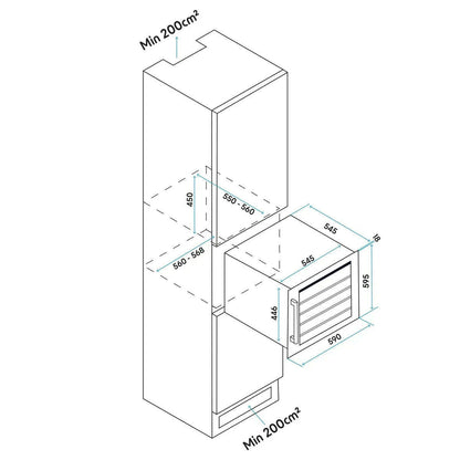 Black 60cm wine cooler with beech wood shelves, stainless steel handle, and touch screen controls.