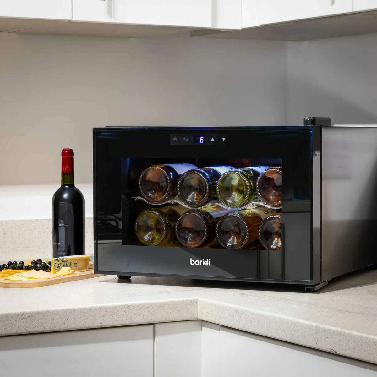 Baridi 8 Bottle Wine Cooler: sleek design, touch control, LED display, and UV-protective glass door.