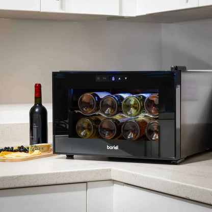 Baridi 8 Bottle Wine Cooler: sleek design, touch control, LED display, and UV-protective glass door.