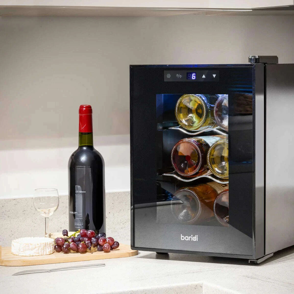 Sleek Baridi wine cooler with glass door, touch controls, and space for 6 bottles.