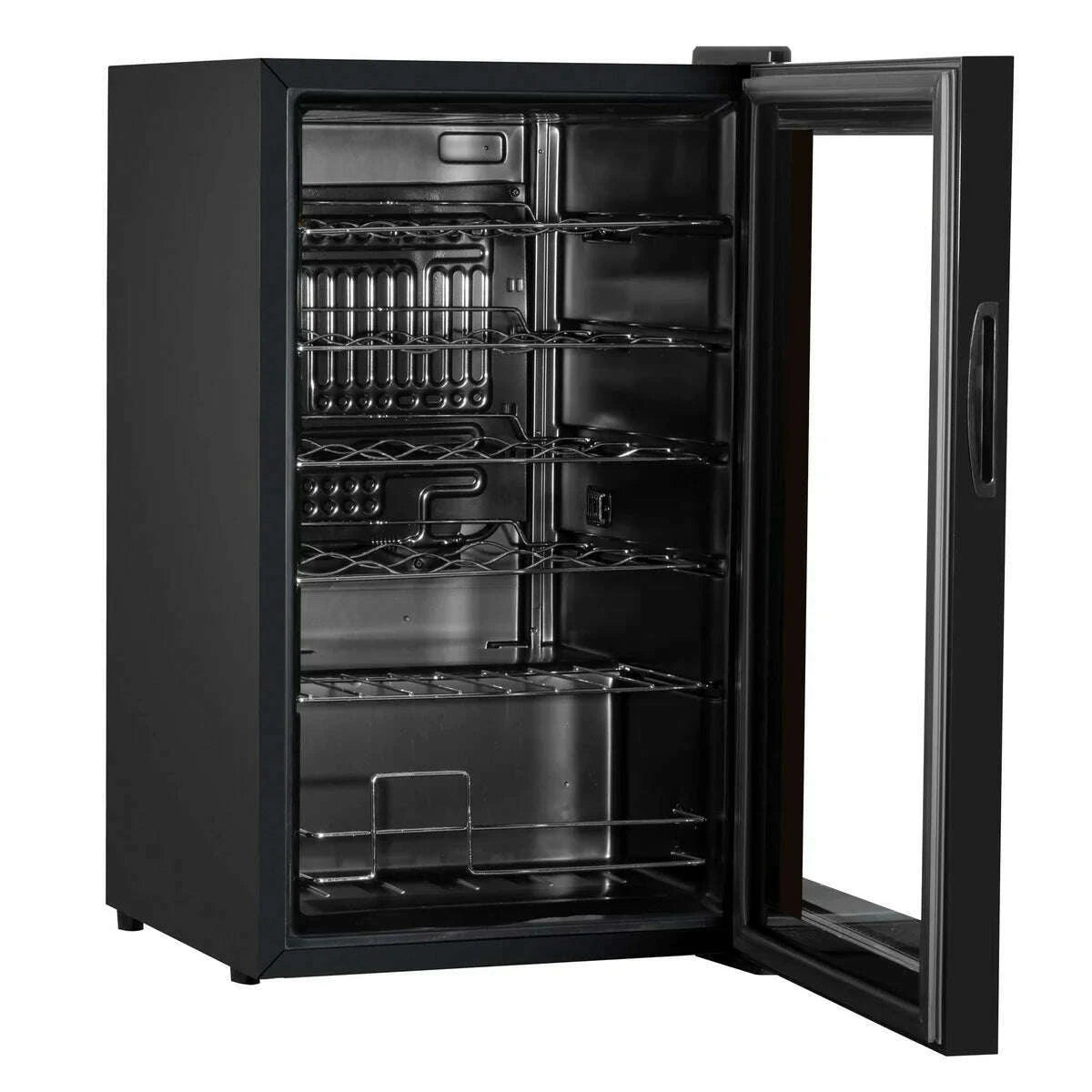 Sleek black wine cooler with digital controls, LED light, and mirrored glass door, holds 24 bottles.