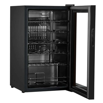Sleek black wine cooler with digital controls, LED light, and mirrored glass door, holds 24 bottles.