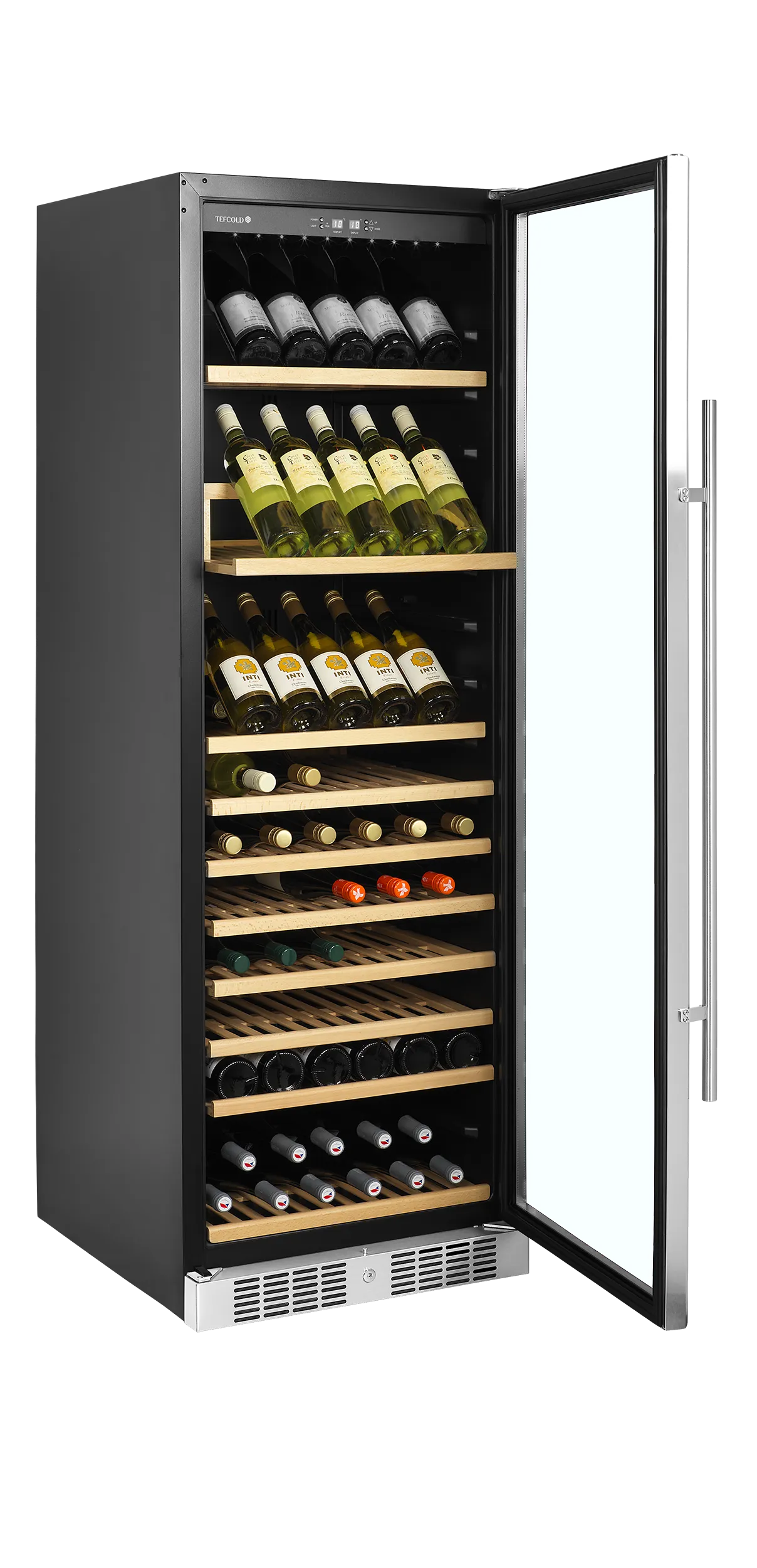 Sleek black wine fridge with glass door, wooden shelves, and LED lighting displaying 165 bottles.