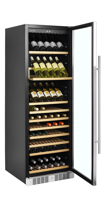Sleek black wine fridge with glass door, wooden shelves, and LED lighting displaying 165 bottles.