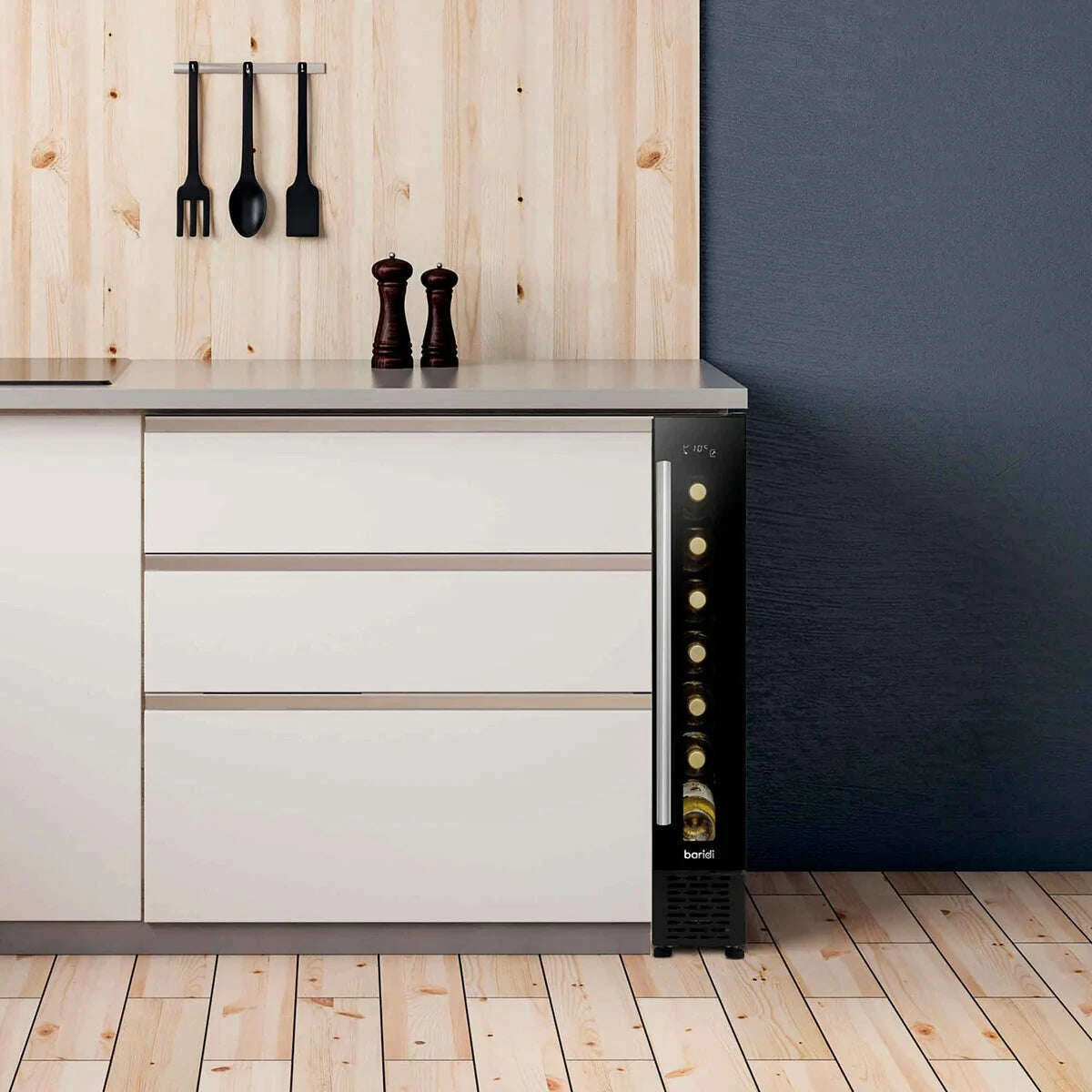 Sleek black 15cm wine cooler with digital controls, fitting 7 bottles, under a kitchen counter.