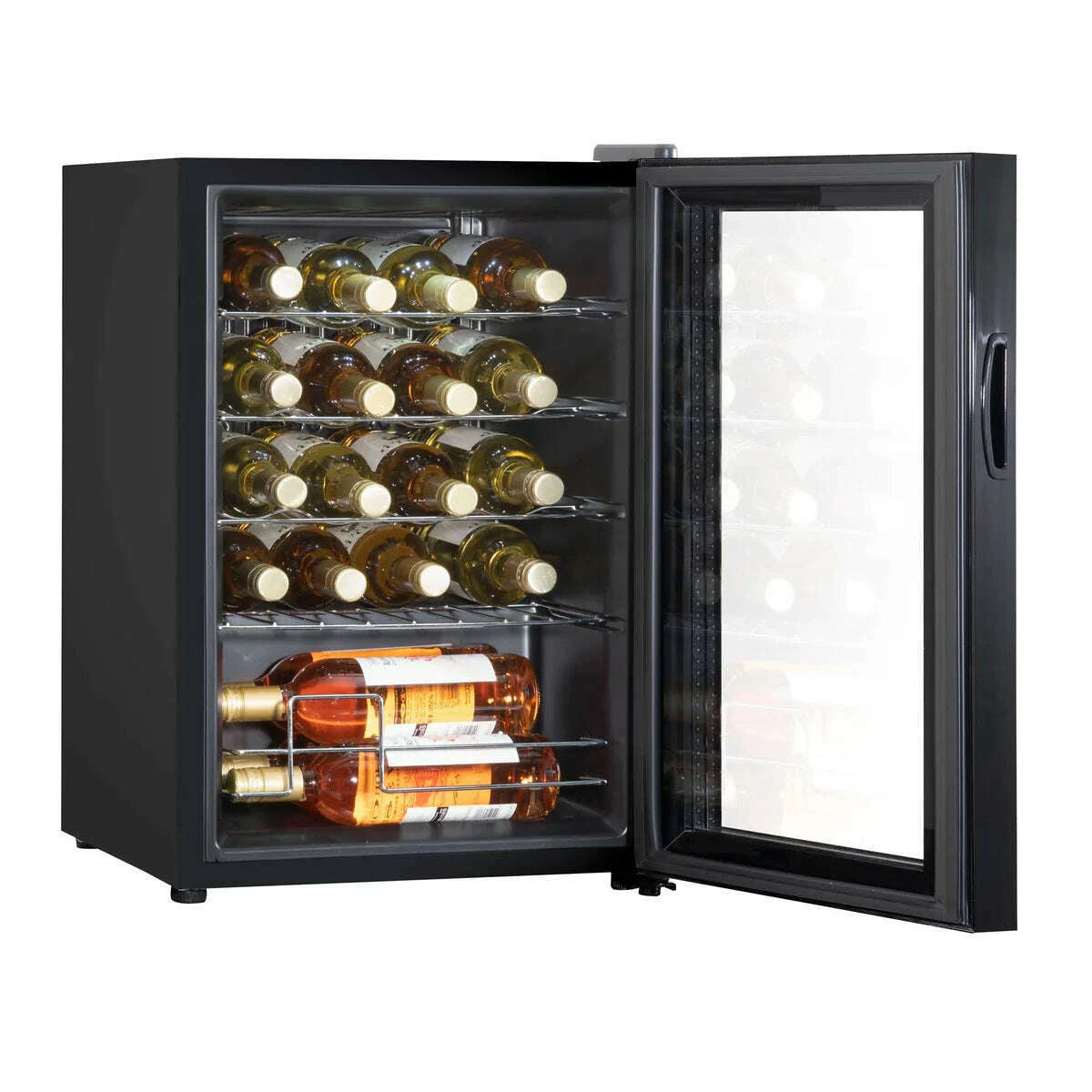 Baridi 20-bottle wine cooler, sleek black design, freestanding with digital temperature display.