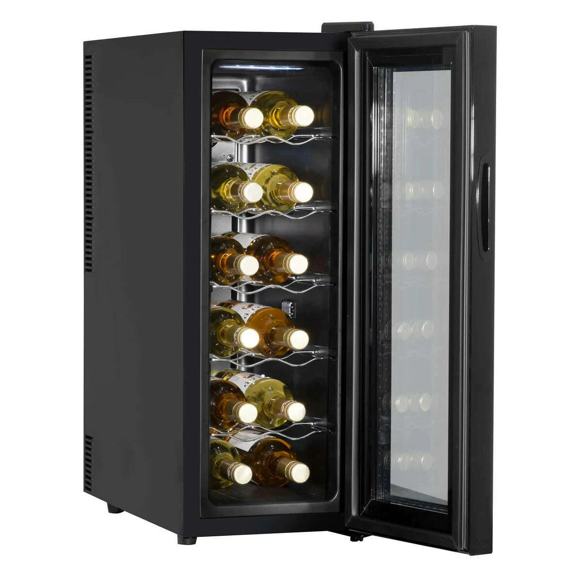Black Baridi wine fridge with mirror glass door, touch controls, and space for 12 bottles.