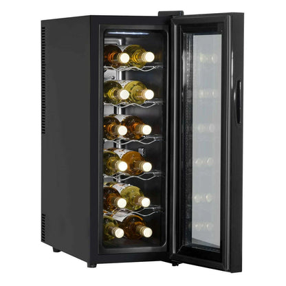 Black Baridi wine fridge with mirror glass door, touch controls, and space for 12 bottles.