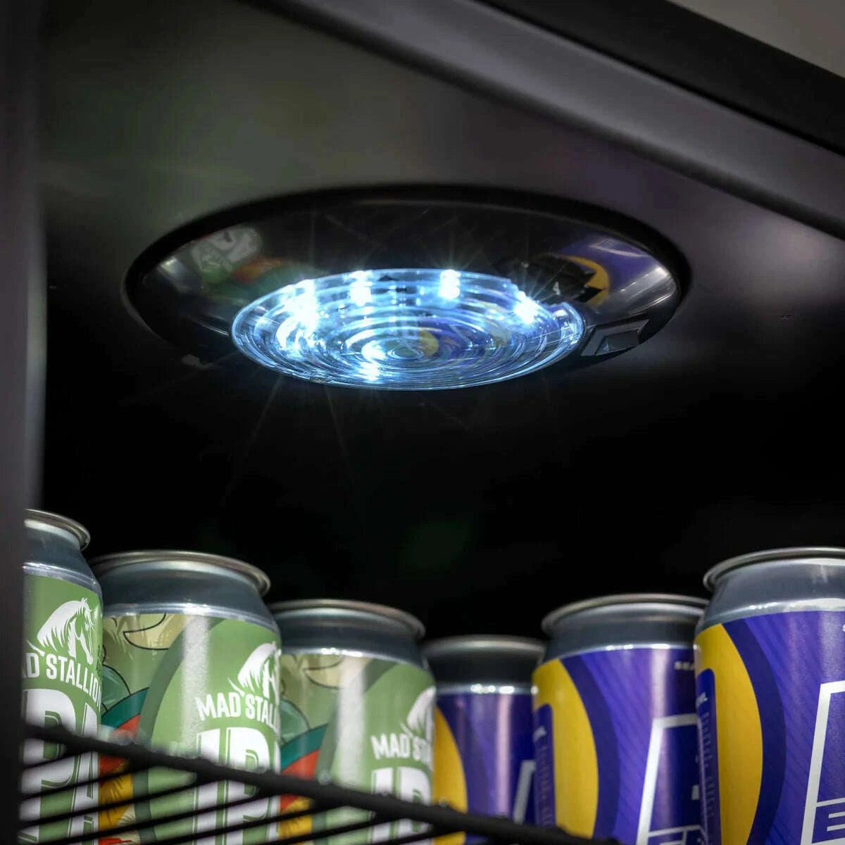 Sleek black Baridi 115L drinks fridge with LED lighting and efficient cooling, perfect for beverages.
