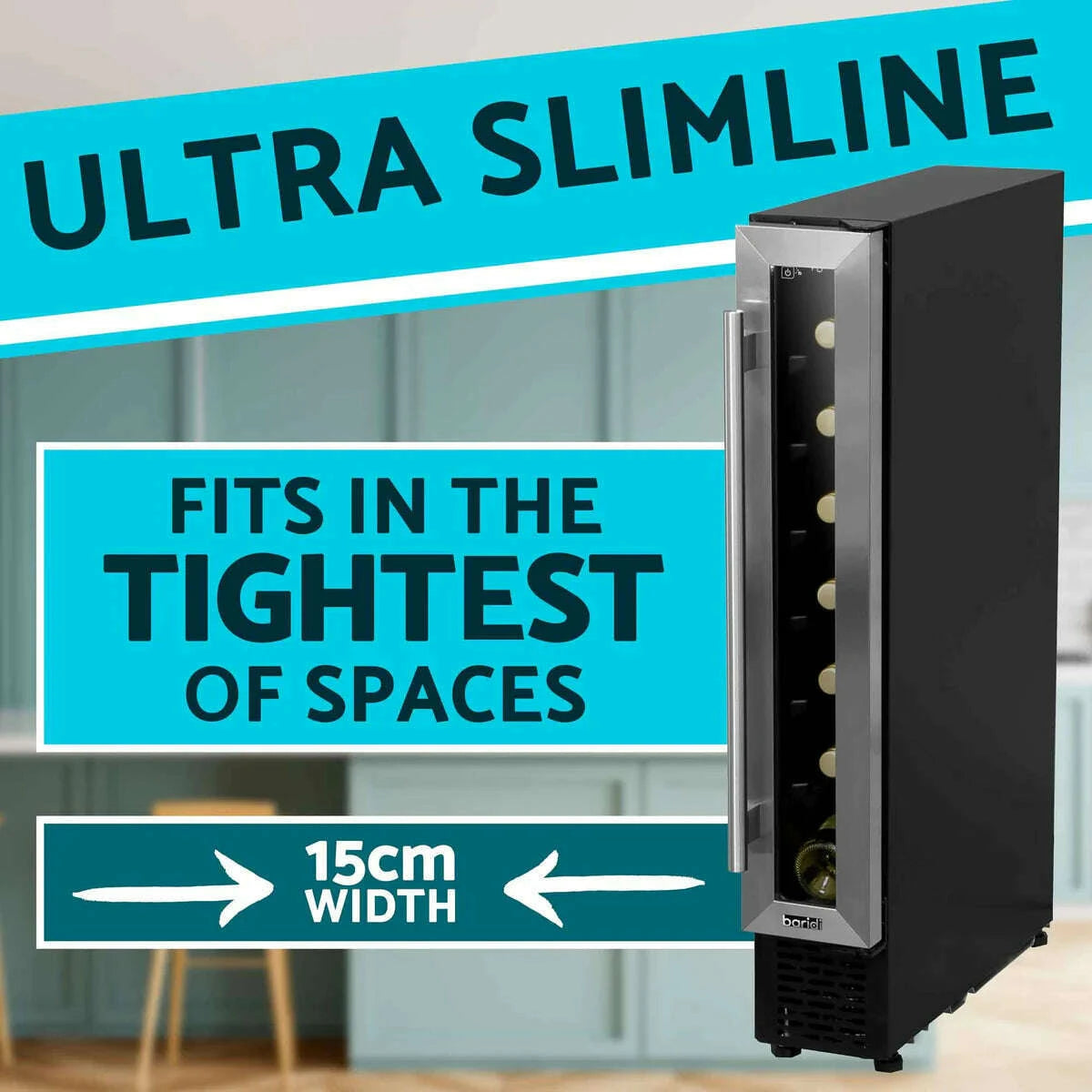 Slim stainless steel wine cooler with digital controls, fits 7 bottles; ideal for compact spaces.