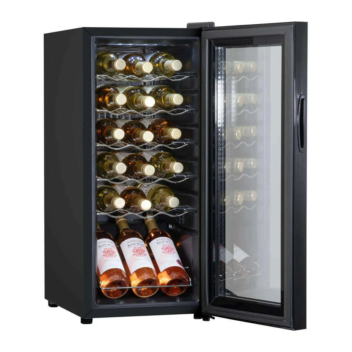Sleek black wine cooler fridge with digital controls, holds 18 bottles, glass door, LED light.