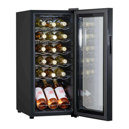 Sleek black wine cooler fridge with digital controls, holds 18 bottles, glass door, LED light.