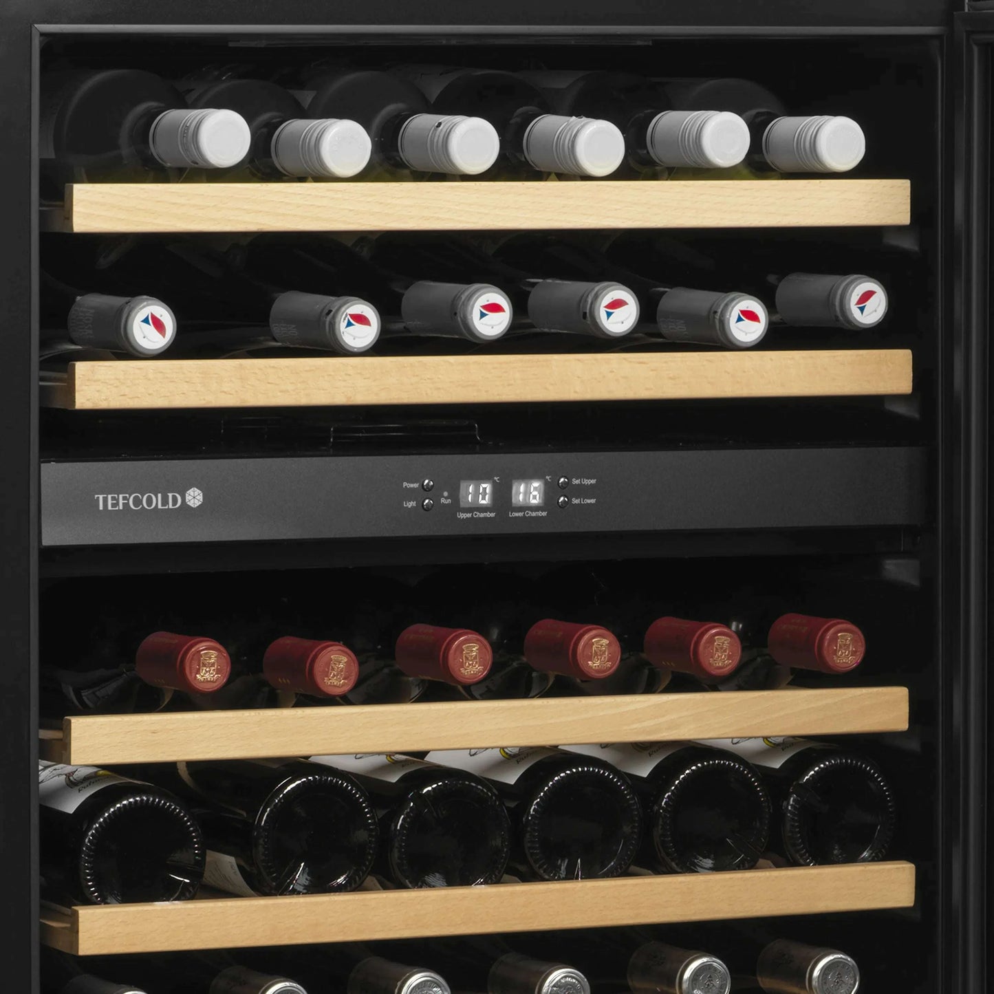 Sleek black Tefcold wine cooler with glass door, LED lighting, and wooden shelves.