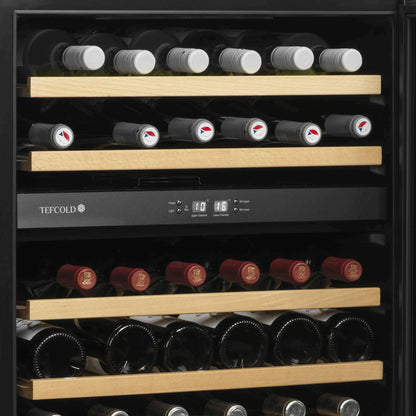Sleek black Tefcold wine cooler with glass door, LED lighting, and wooden shelves.