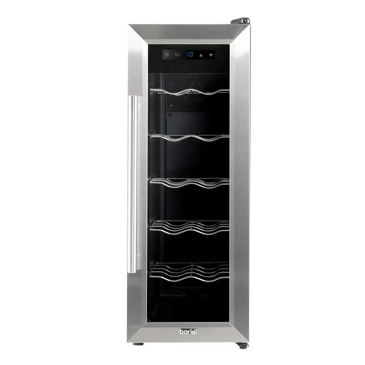 Sleek Baridi wine cooler with digital controls, LED light, and stainless steel finish.