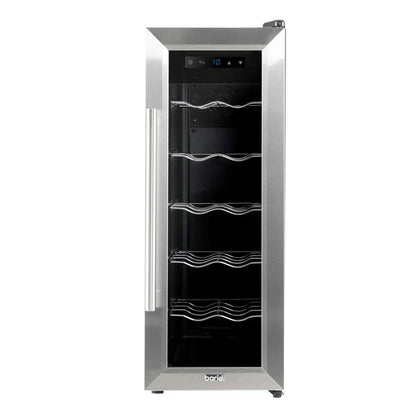 Sleek Baridi wine cooler with digital controls, LED light, and stainless steel finish.