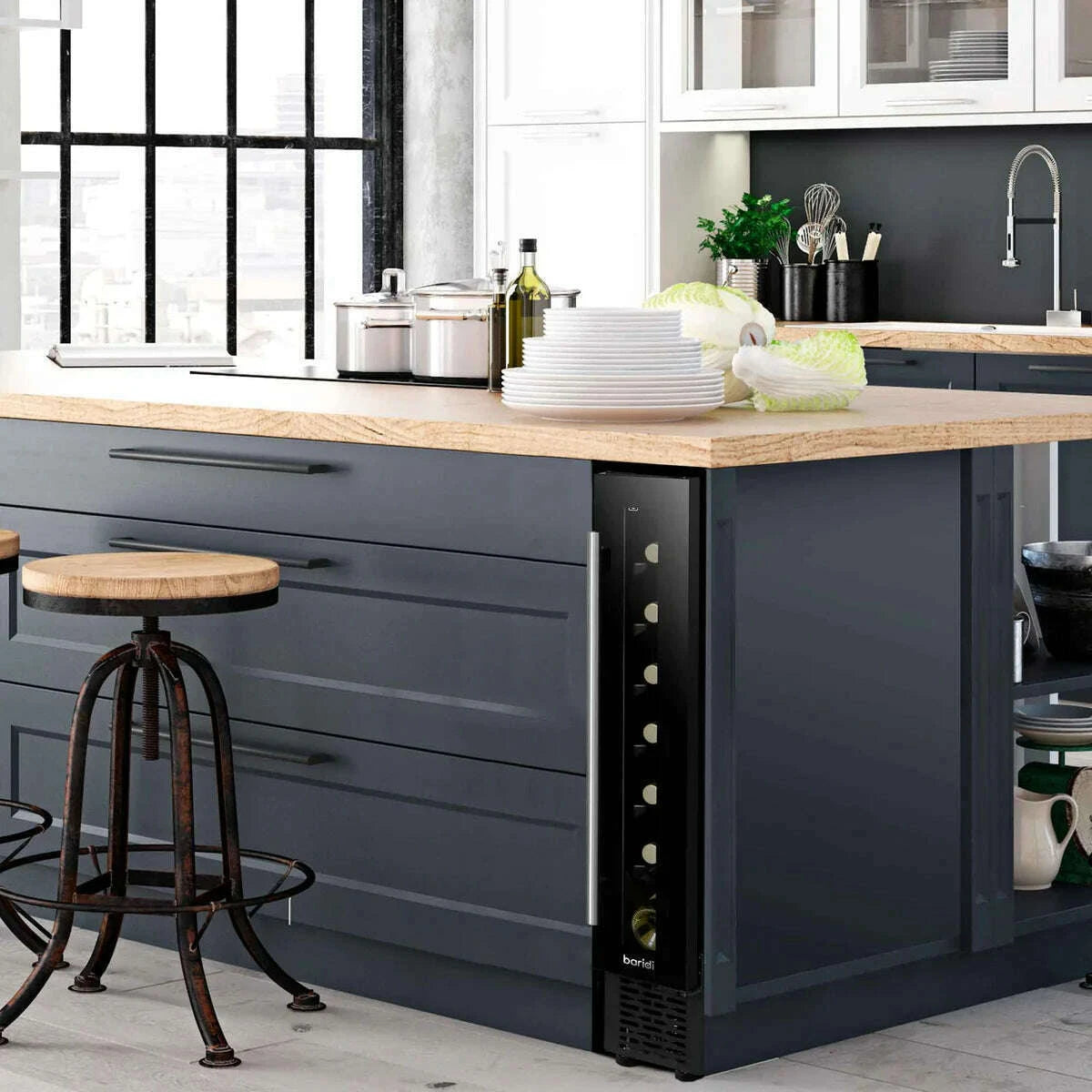 Slim black wine cooler with digital touch controls, fits 7 bottles, under-counter design.