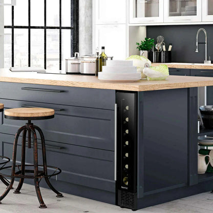 Slim black wine cooler with digital touch controls, fits 7 bottles, under-counter design.