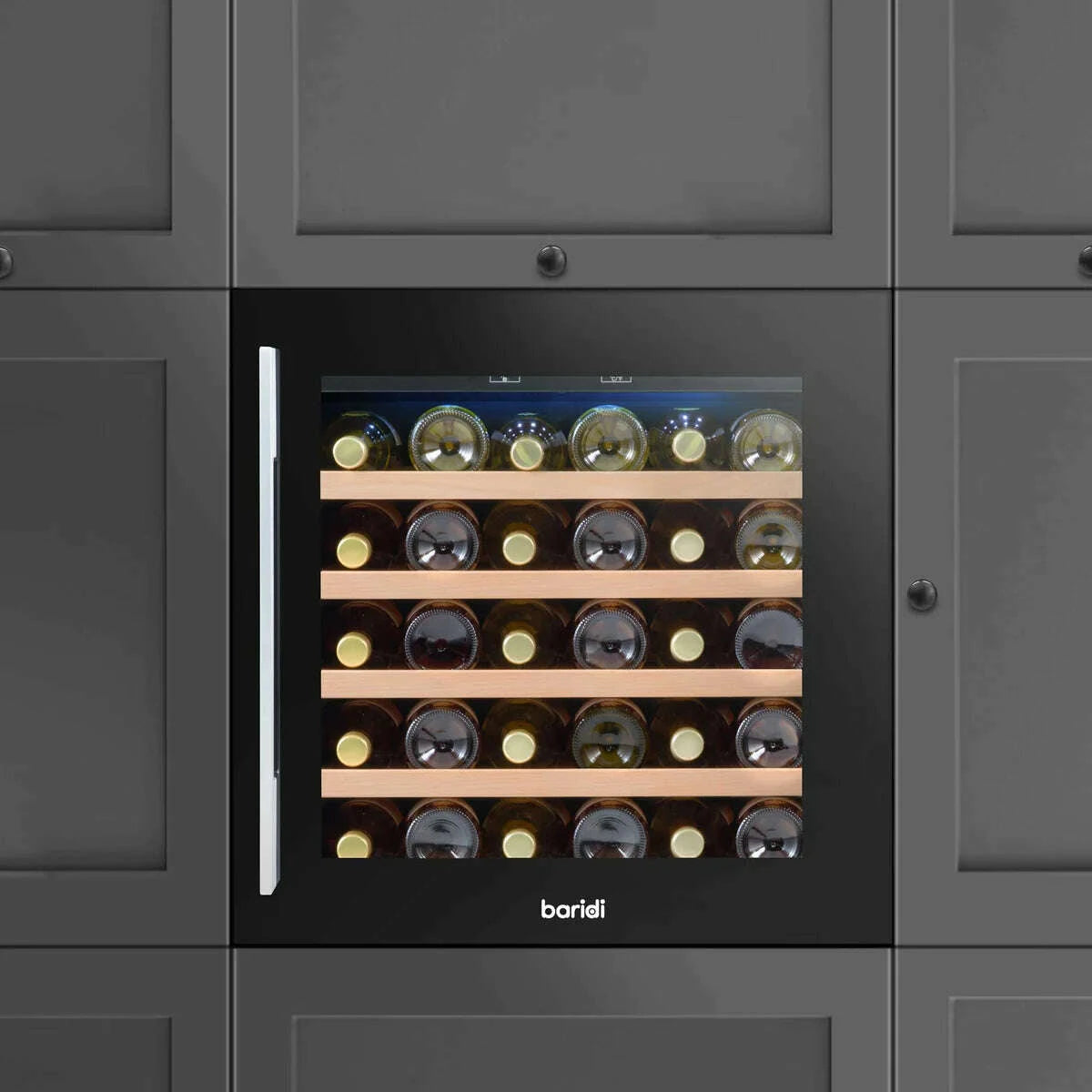 Black Baridi 60cm wine cooler with beech wood shelves, stainless steel handle, and LED light.