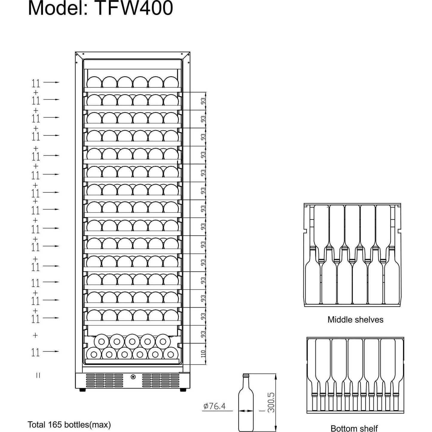 Tefcold wine cooler with 165-bottle capacity, glass door, and wooden shelves in a sleek design.