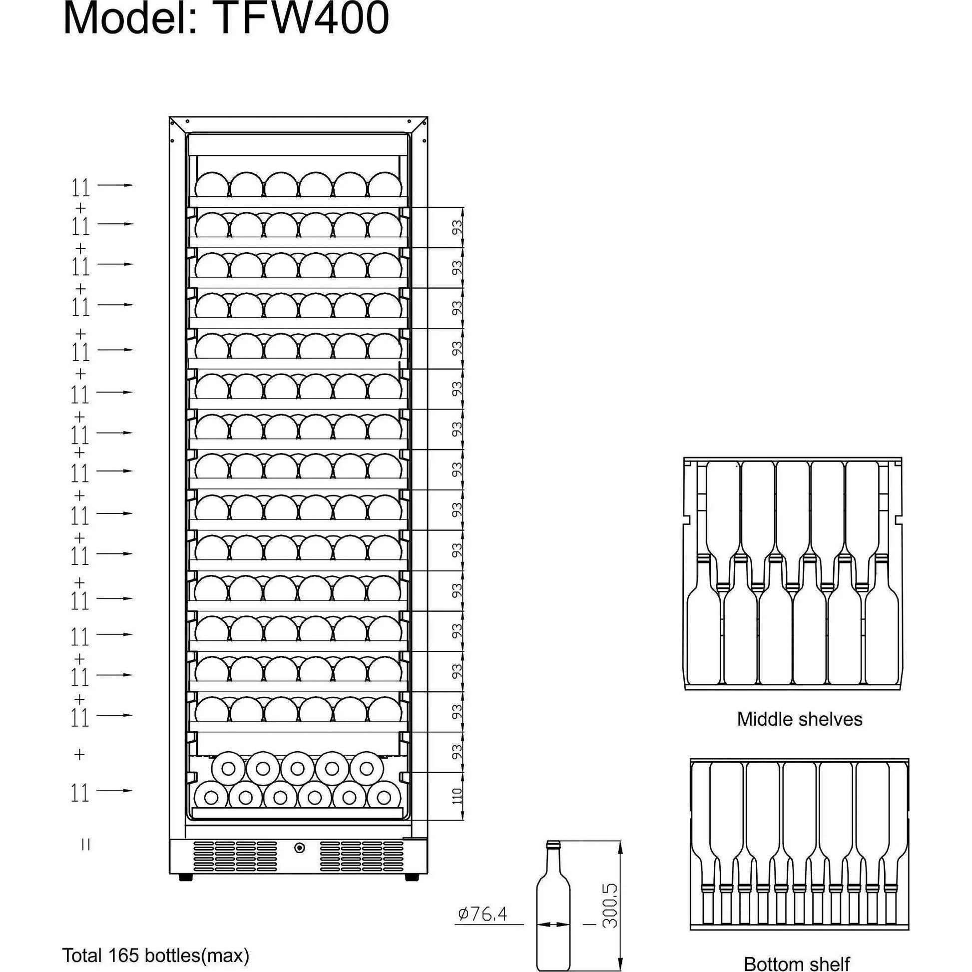 Tefcold wine cooler with 165-bottle capacity, glass door, and wooden shelves in a sleek design.