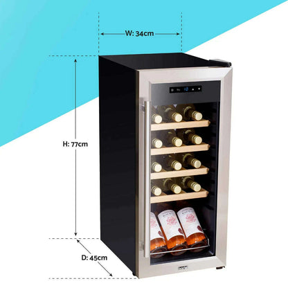 Sleek stainless steel wine cooler with touch screen, LED light, and 18-bottle capacity.