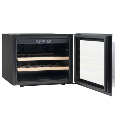Baridi 60cm black wine cooler with beech wood shelves, holds 28 bottles, touch controls.