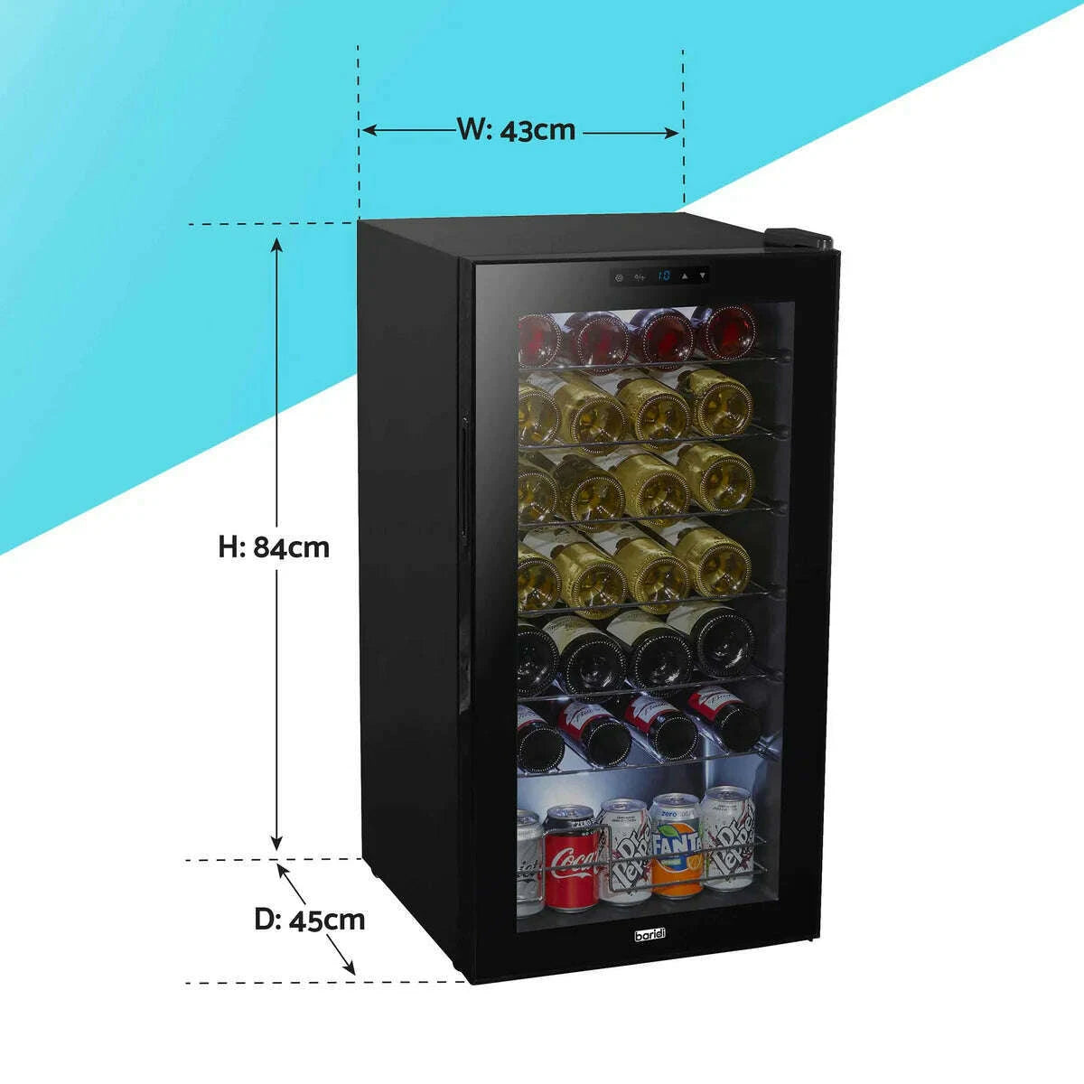 Black Baridi 28 Bottle Wine Cooler with digital touch screen and mirrored glass door.