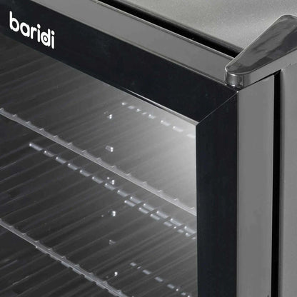 Sleek black Baridi 115L drinks fridge with LED light and wire shelves for efficient cooling.
