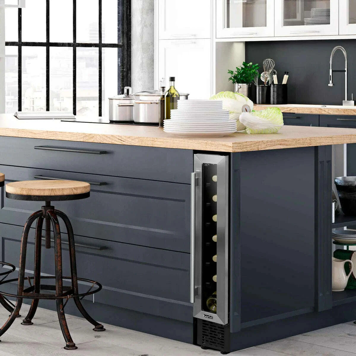 Slim Baridi wine cooler with stainless steel finish, touch controls, and space for 7 bottles.