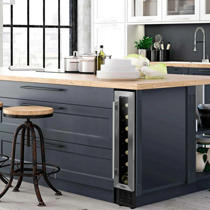 Slim Baridi wine cooler with stainless steel finish, touch controls, and space for 7 bottles.