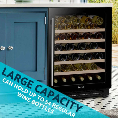 Sleek Baridi wine cooler with glass door, fits 54 bottles, digital controls, modern kitchen design.