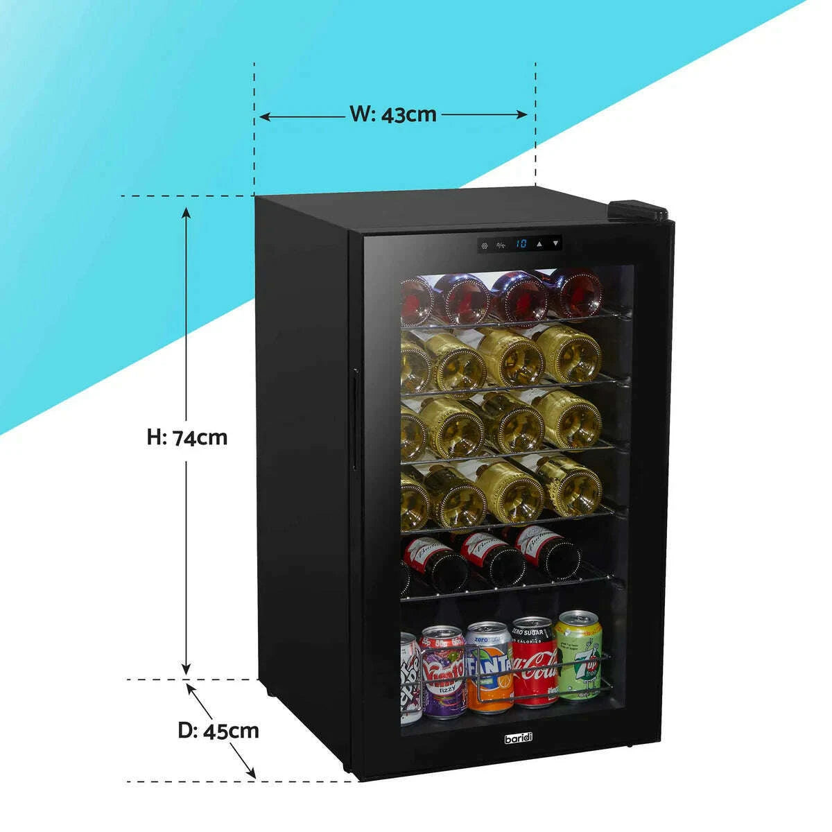 Black Baridi wine cooler with glass door, digital controls, and LED light, holds 24 bottles.