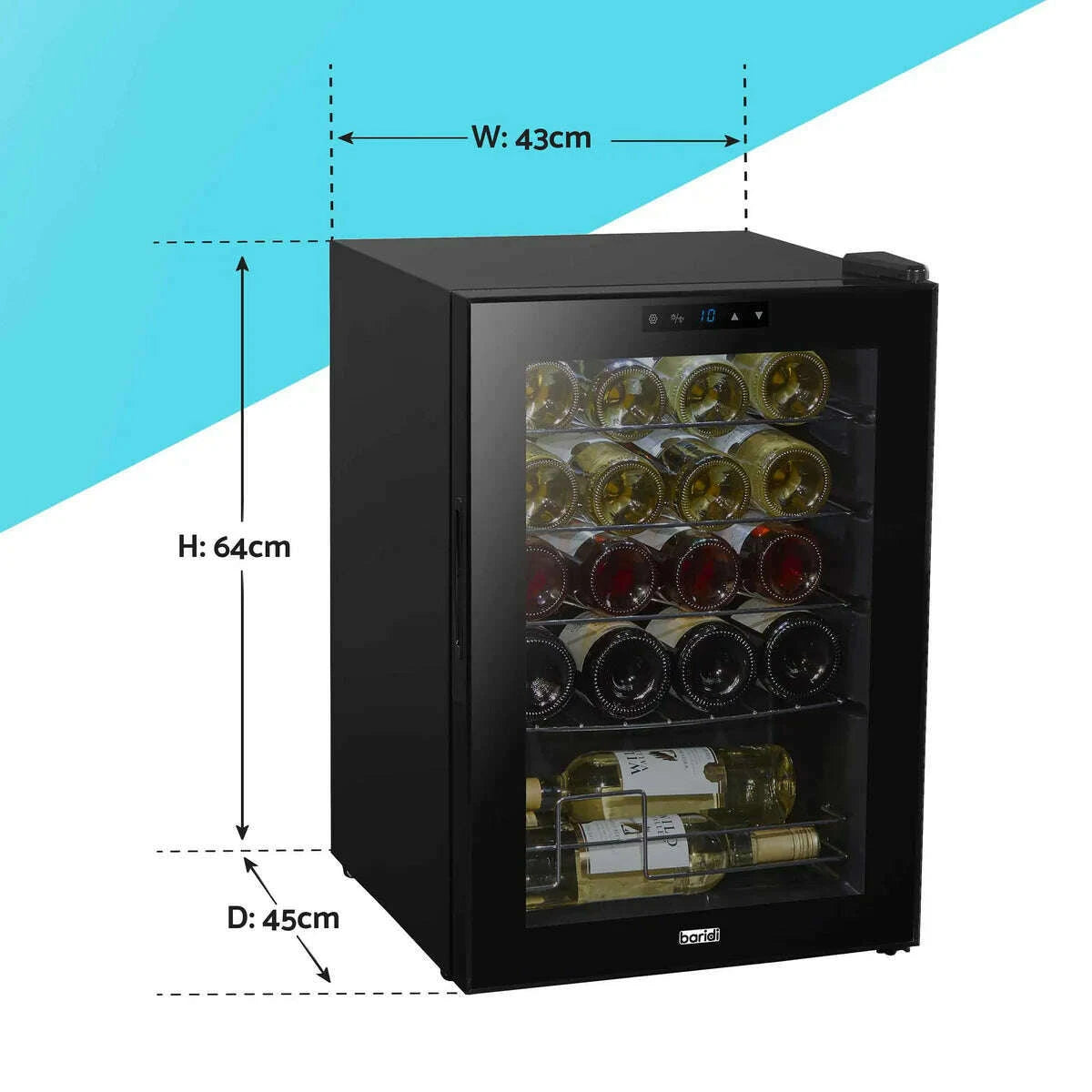 Image of the Baridi 20 Bottle Wine Cooler, sleek black design, with digital temperature display.