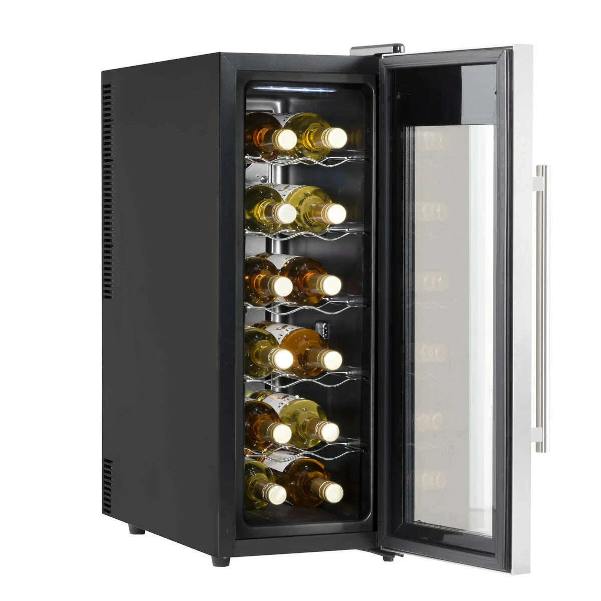 Sleek stainless steel wine cooler with digital controls and LED light, holds 12 bottles.