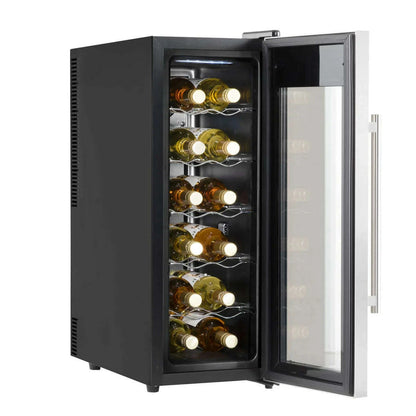 Sleek stainless steel wine cooler with digital controls and LED light, holds 12 bottles.