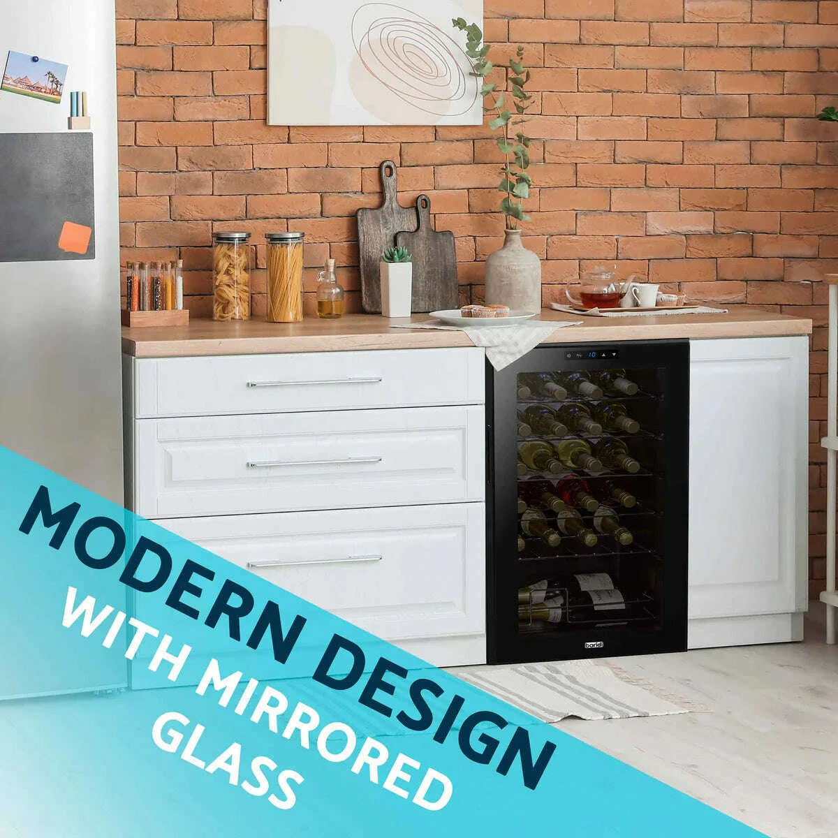 Black Baridi 24 Bottle Wine Cooler with digital controls, LED light, and mirrored glass door.