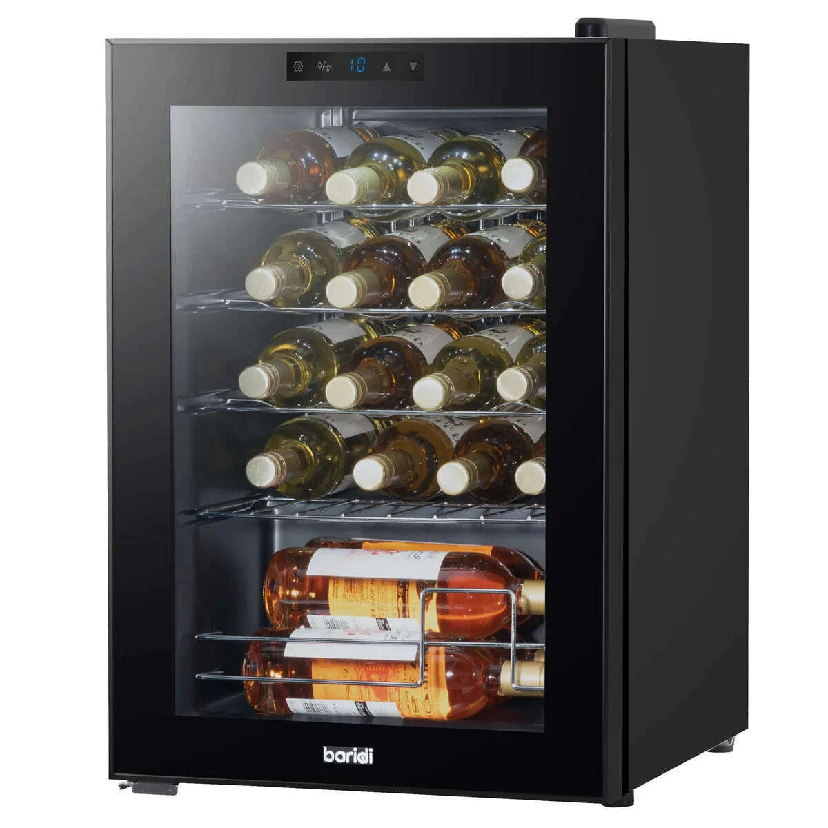 Sleek Baridi 20-Bottle Wine Cooler with digital display, glass door, and adjustable shelves.